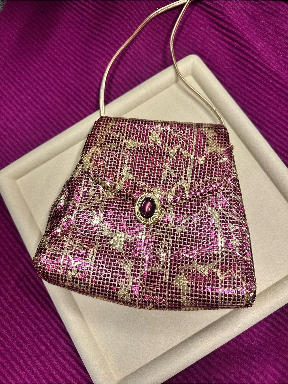 Whiting & Davis Pink and Gold Mesh Evening Shoulder Bag